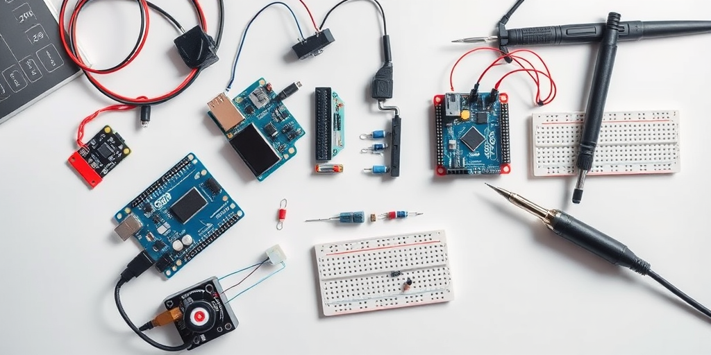 Elektronik-Bauteile auf dem Arbeitstisch: Arduino, Sensoren, Breadboard, Werkzeug